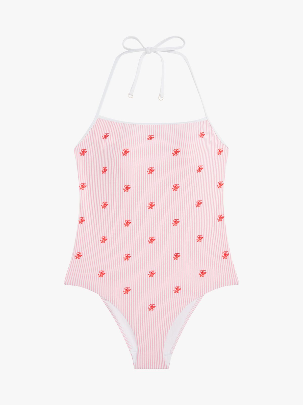 Allover Script Monogram Halter Swimsuit — Rose Petal / White