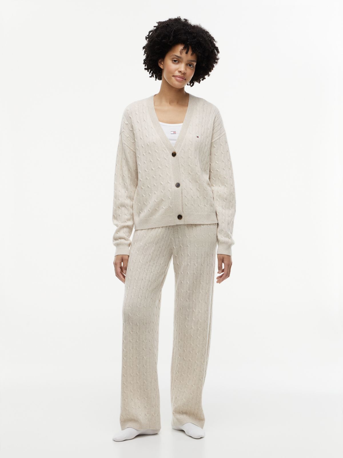 Cable Knit Wool-Blend Lounge Cardigan — Heather Oatmilk