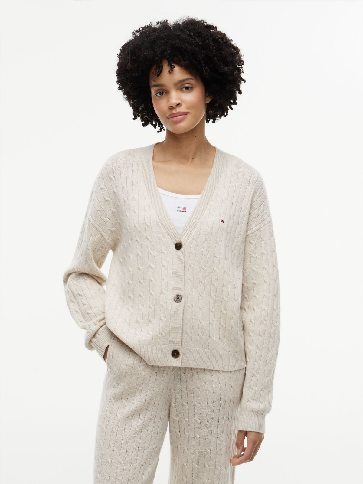 Cable Knit Wool-Blend Lounge Cardigan — Heather Oatmilk