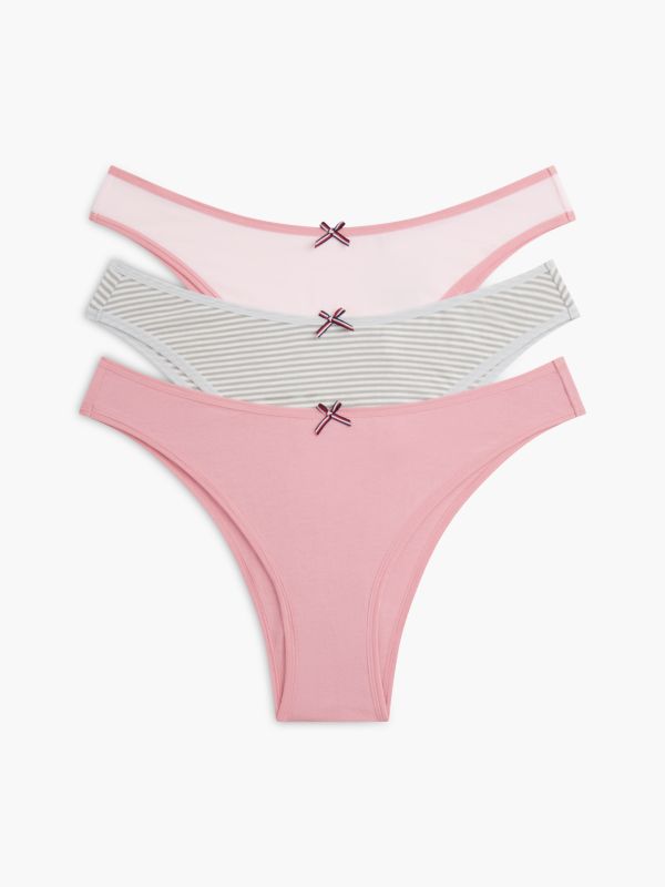 Stretch-Cotton Brazilian Panty 3-Pack — Little Rosey / Grey Stripe