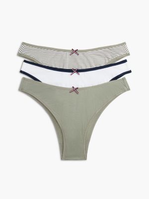 Stretch-Cotton Brazilian Panty 3-Pack, Sage Stripe / White