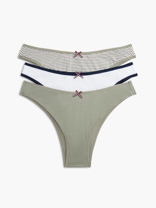 Stretch-Cotton Brazilian Panty 3-Pack — Sage Stripe / White