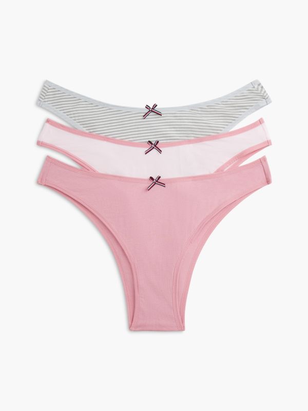 Stretch-Cotton Tanga Thong 3-Pack — Little Rosey / Grey Stripe