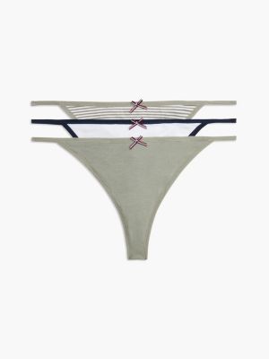 Stretch-Cotton Tanga Thong 3-Pack, Sage Stripe / White