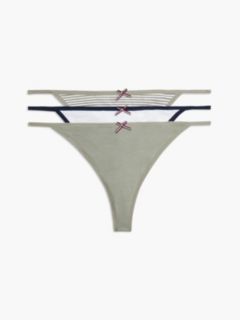 Stretch-Cotton Tanga Thong 3-Pack — Sage Stripe / White 1