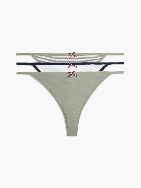 Stretch-Cotton Tanga Thong 3-Pack — Sage Stripe / White
