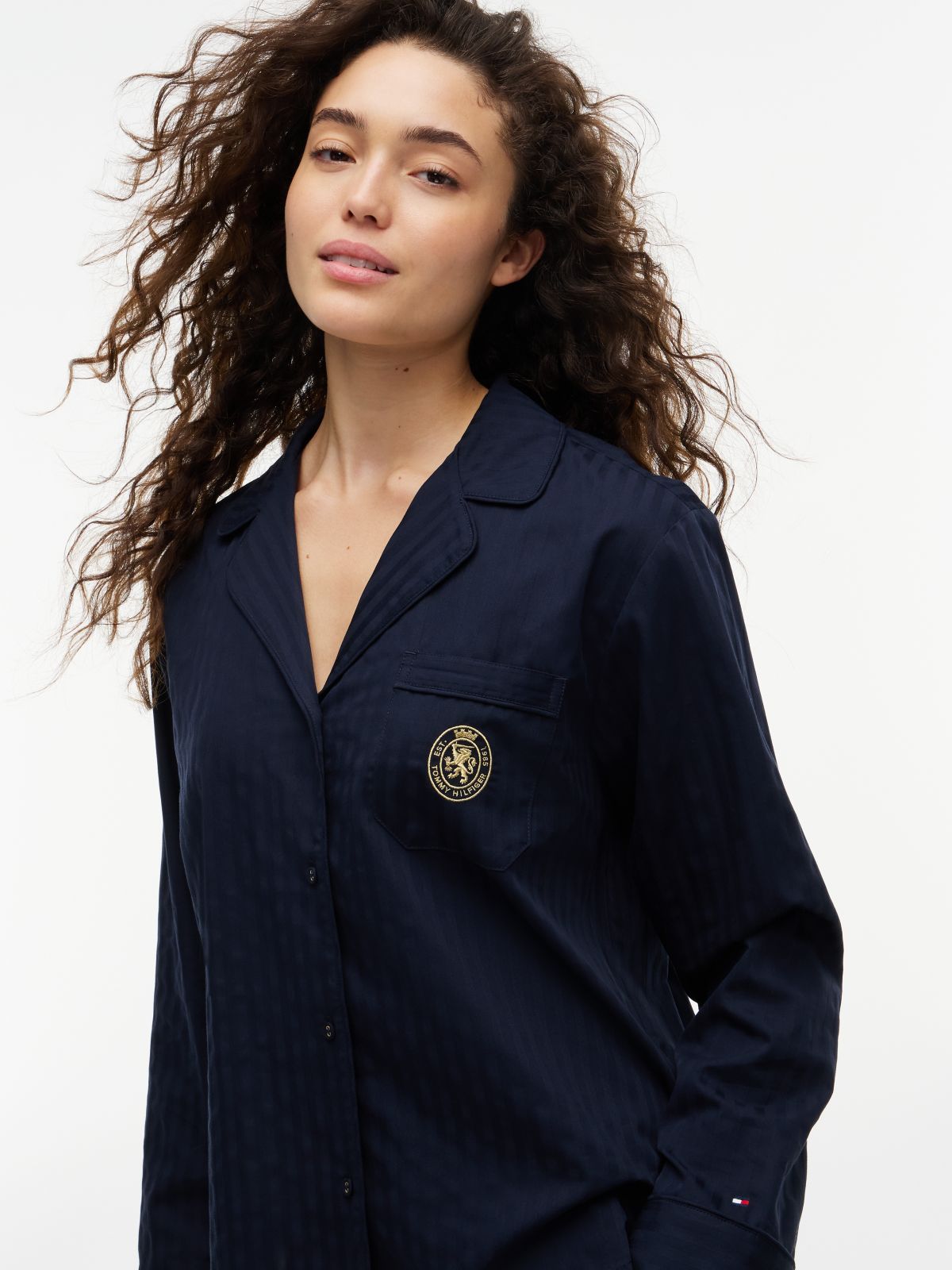 Crest Logo Dobby Shirt & Pant Sleep Set — Woven Stripe