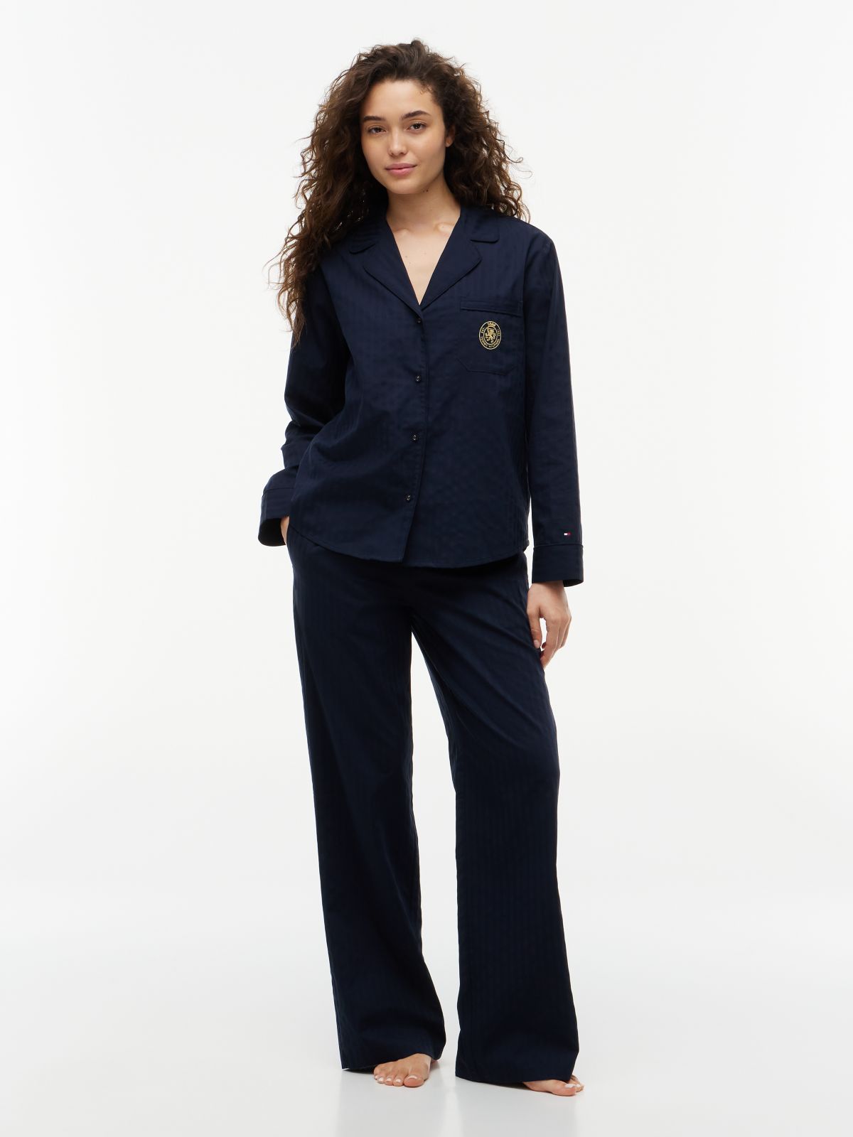 Crest Logo Dobby Shirt & Pant Sleep Set — Woven Stripe