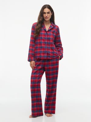 Plaid Flannel Shirt & Pant Sleep Set, Check Global Stp Regatta Red