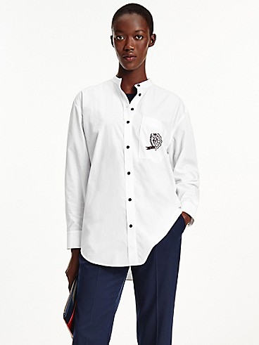 타미 힐피거 Tommy Hilfiger Icon Organic Cotton Crest Boyfriend Shirt,OPTIC WHITE