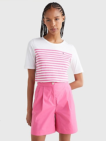 타미 힐피거 Tommy Hilfiger Stripe T-Shirt,WHITE/RADIANT PINK