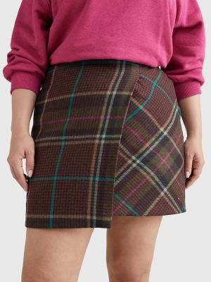 Curve Check Wrap Mini Skirt, Army Green