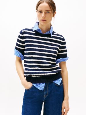 Short-Sleeve Cable Knit Crewneck Sweater, Dark Night Navy / Ivory Petal Stripe