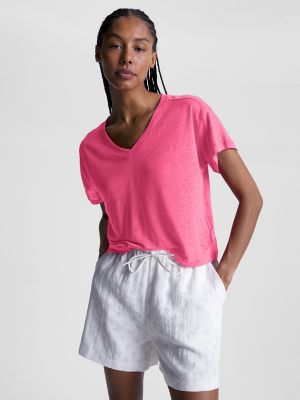 Relaxed Fit Linen V Neck T Shirt