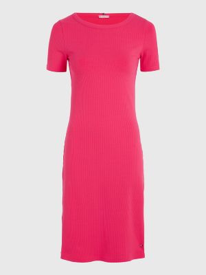 Slim Fit Ribbed Short-Sleeve Dress, Bright Cerise Pink