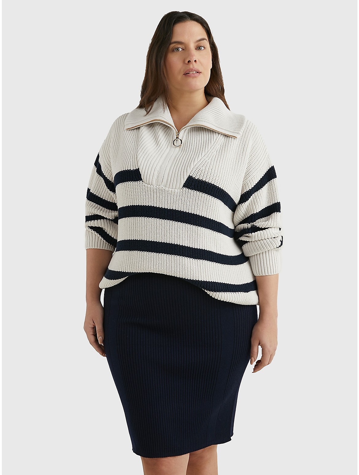 Tommy Hilfiger Women's Curve Stripe Quarter-Zip Sweater