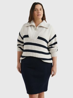 Curve Stripe Quarter-Zip Sweater, White/Navy Stripe