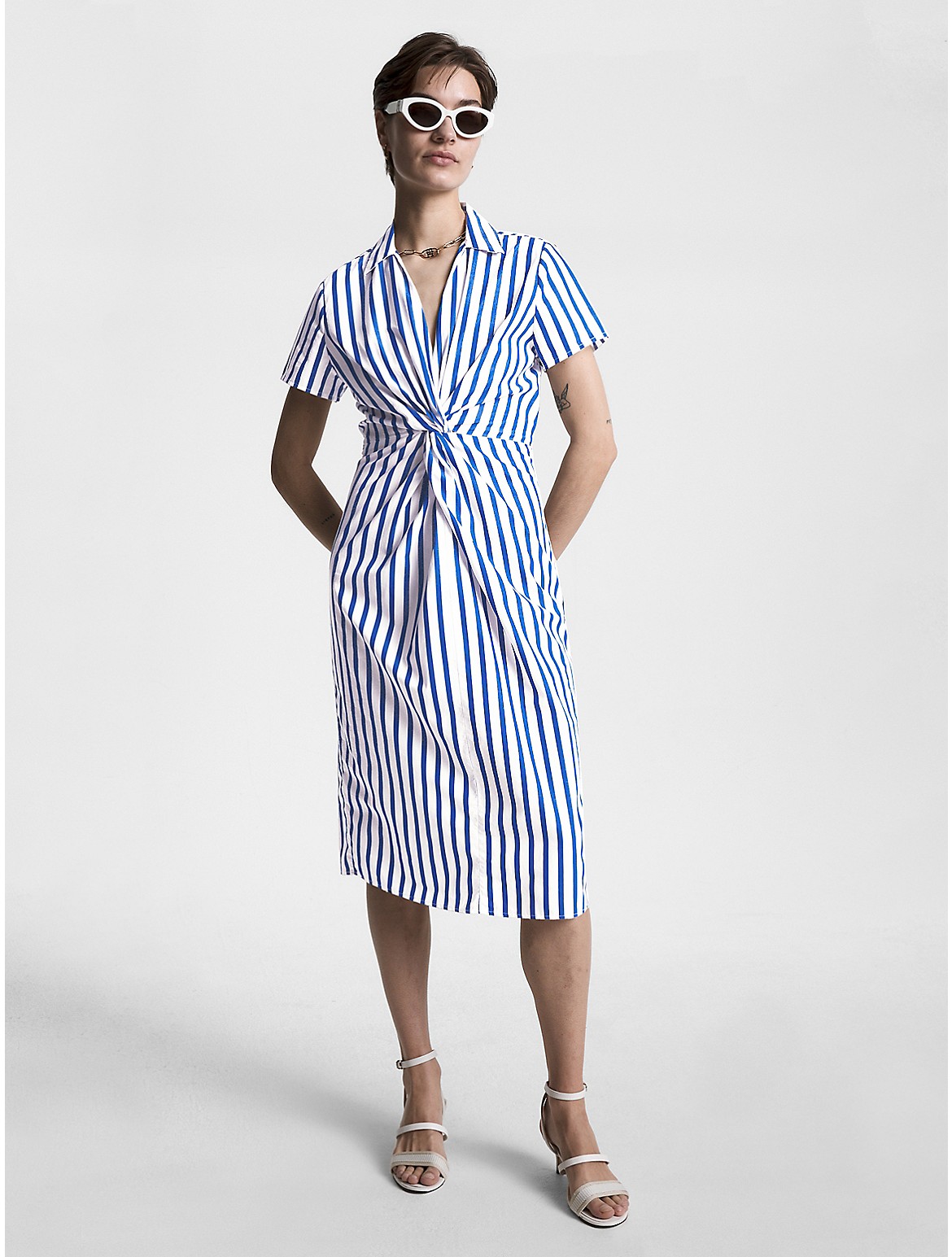 Tommy Hilfiger Women's Stripe Poplin Center-Twist Dress - Blue - 8