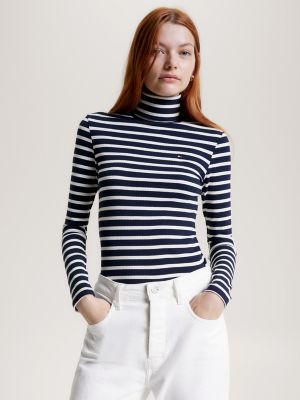 Slim Fit Ribbed Turtleneck T-Shirt, Classic Stripe Navy/Ecru