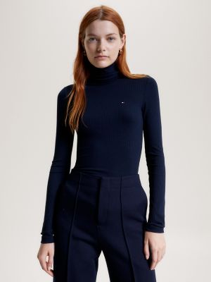 Slim Fit Ribbed Turtleneck T-Shirt, Navy