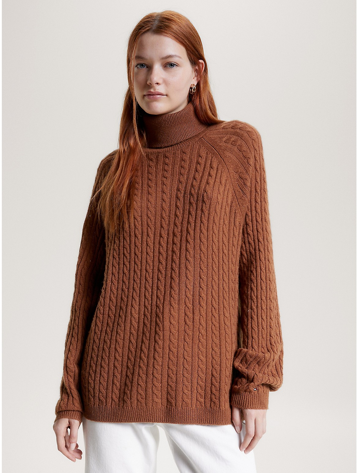 Tommy Hilfiger Wool Cable Knit Turtleneck Sweater In Natural Cognac