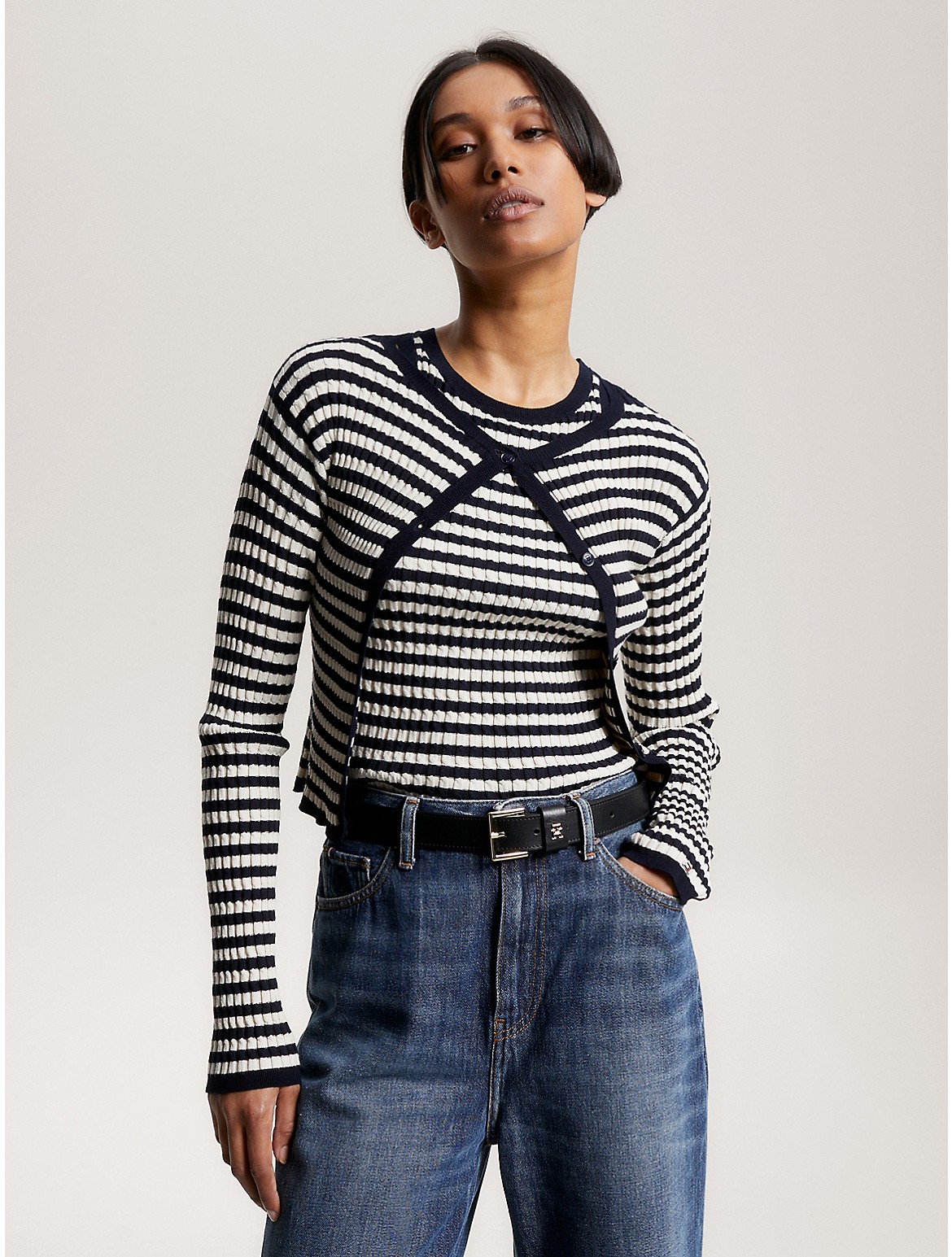 Tommy Hilfiger Cable Knit Cropped Sweater In Ancient White/navy