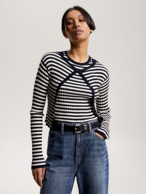 Cable Knit Cropped Sweater, Ancient White/Navy
