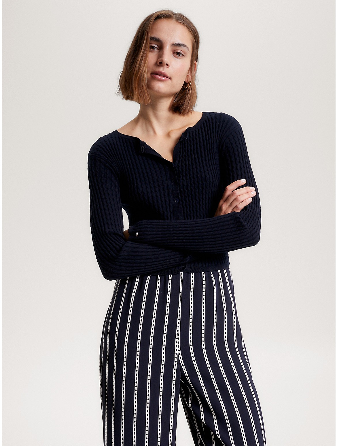 Tommy Hilfiger Stripe Cable Knit Cropped Sweater In Navy