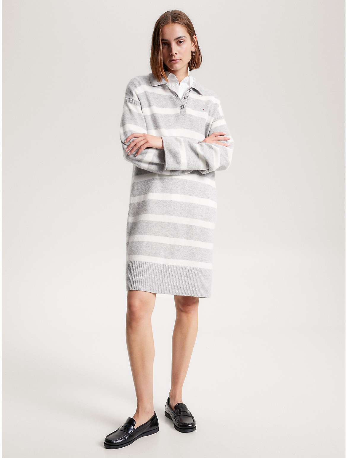 Tommy Hilfiger Wool Stripe Polo Sweater Dress In Breton Stripe Grey Heather/ecru