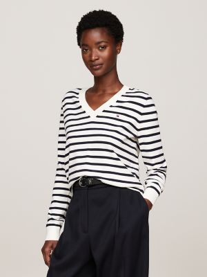 Cotton Jersey V-Neck Sweater, Ivory Petal/ Navy Stripe