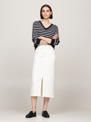 Cotton Jersey V-Neck Sweater, Breton Stripe / Navy / Ivory Petal