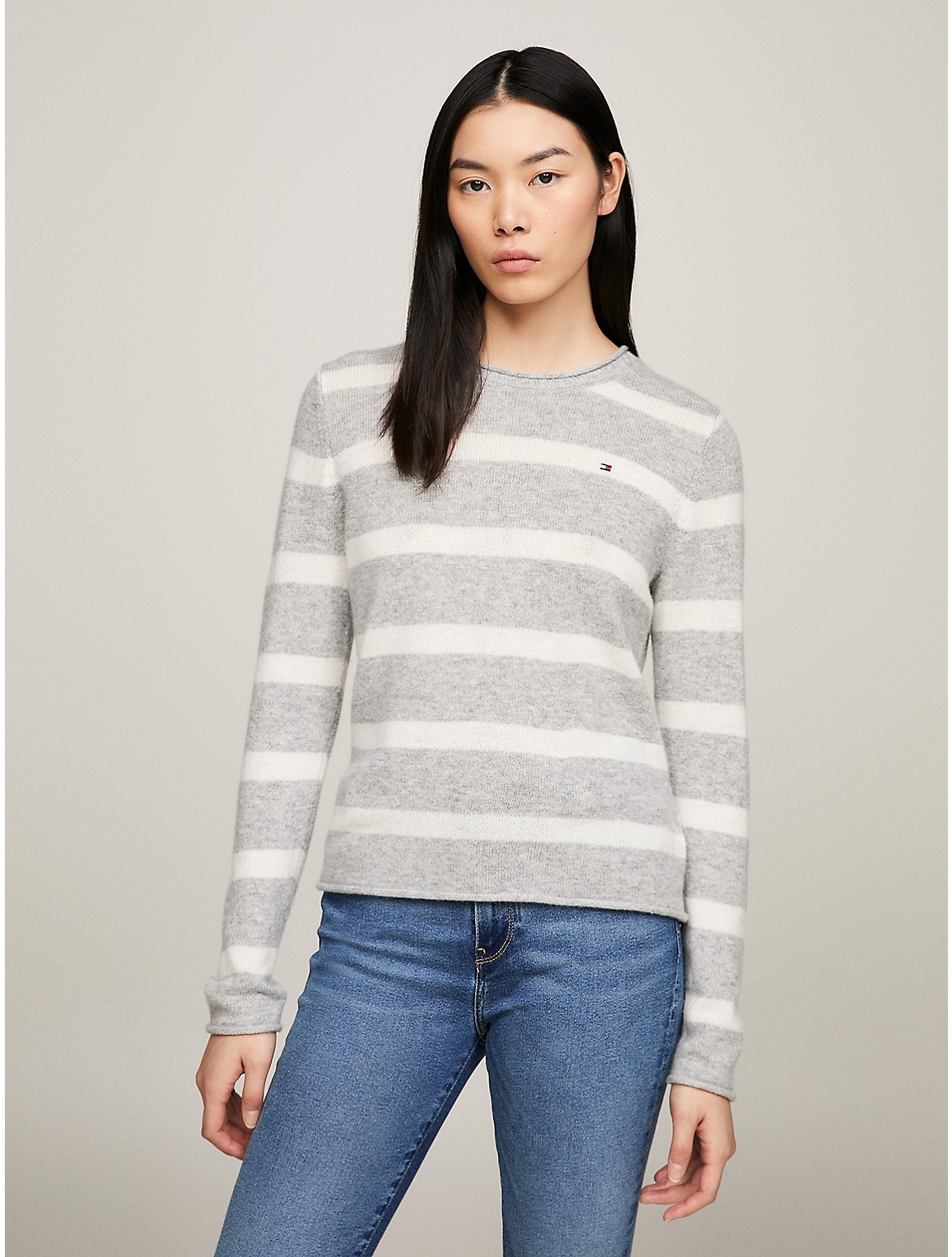 Tommy Hilfiger Wool Crewneck Sweater In Breton Stripe Grey Heather/ecru