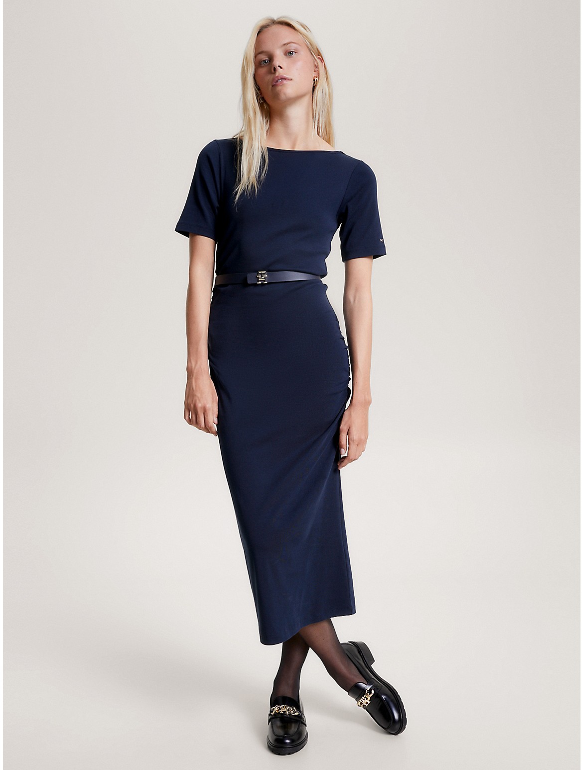 Tommy Hilfiger Women's Slim Fit Ruched Midi Dress - Blue - L