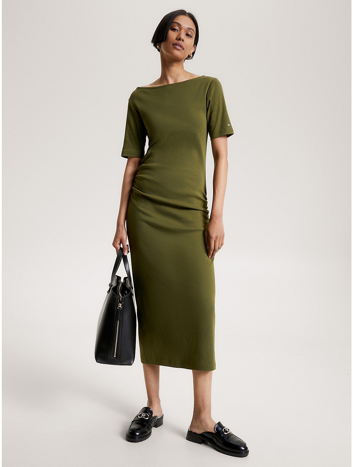 Tommy Hilfiger Slim Fit Ruched Midi Dress In Putting Green