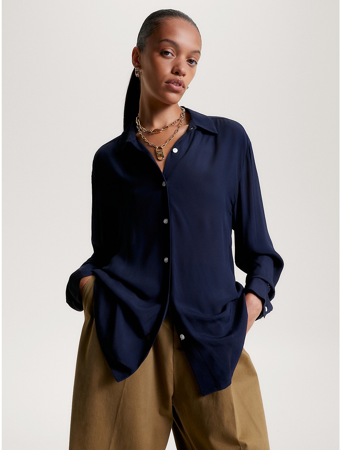 Tommy Hilfiger Relaxed Fit Solid Crepe Shirt In Desert Sky