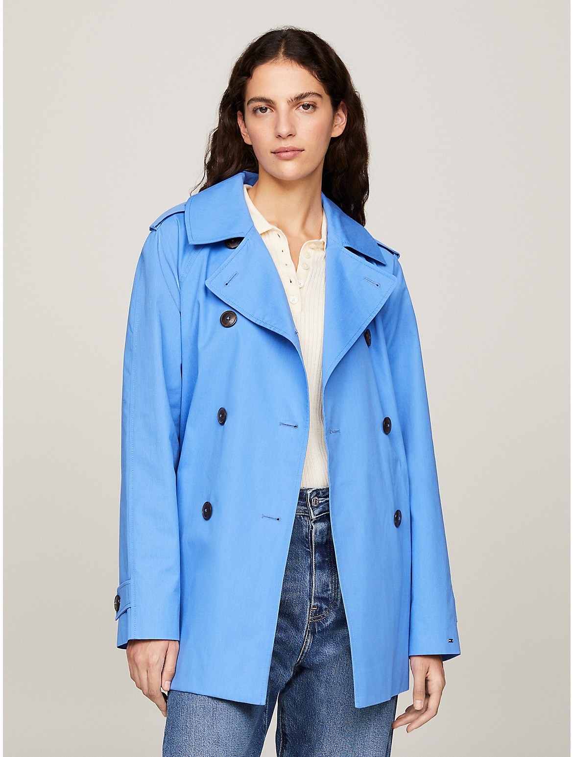 Tommy Hilfiger Short Cotton Trench Coat In Blue Spell
