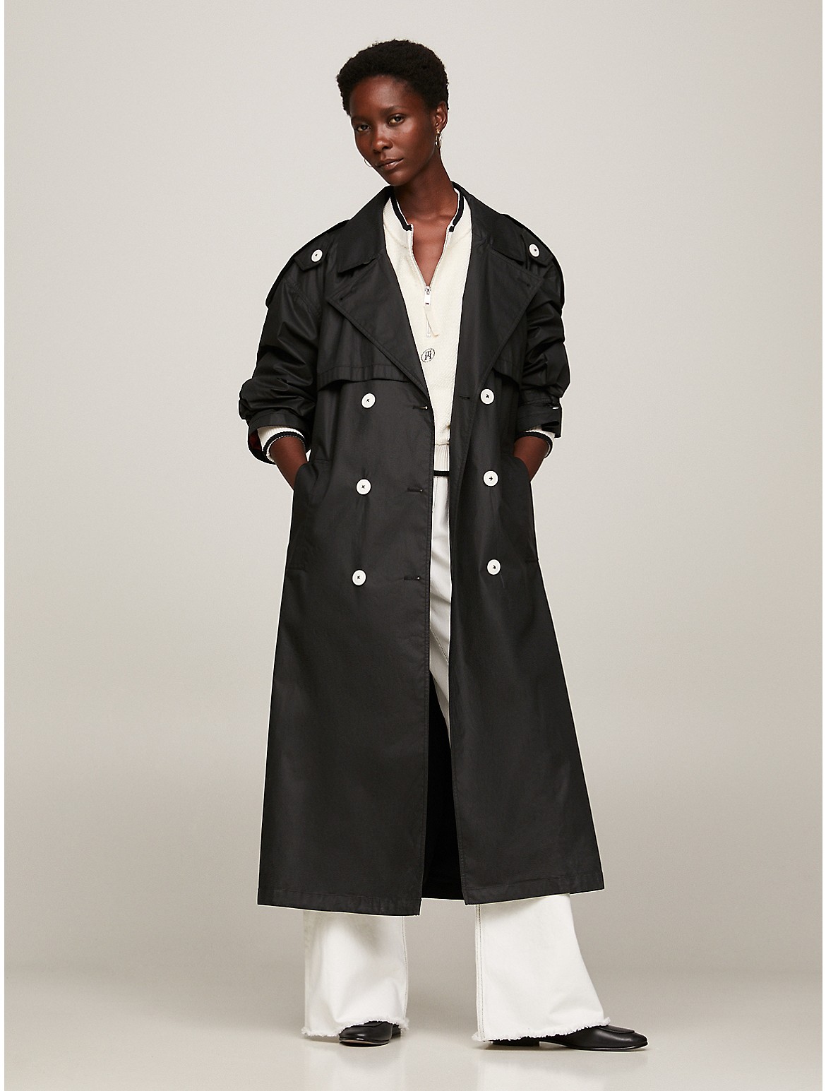 Tommy Hilfiger Oversized Cotton Trench Coat In Black