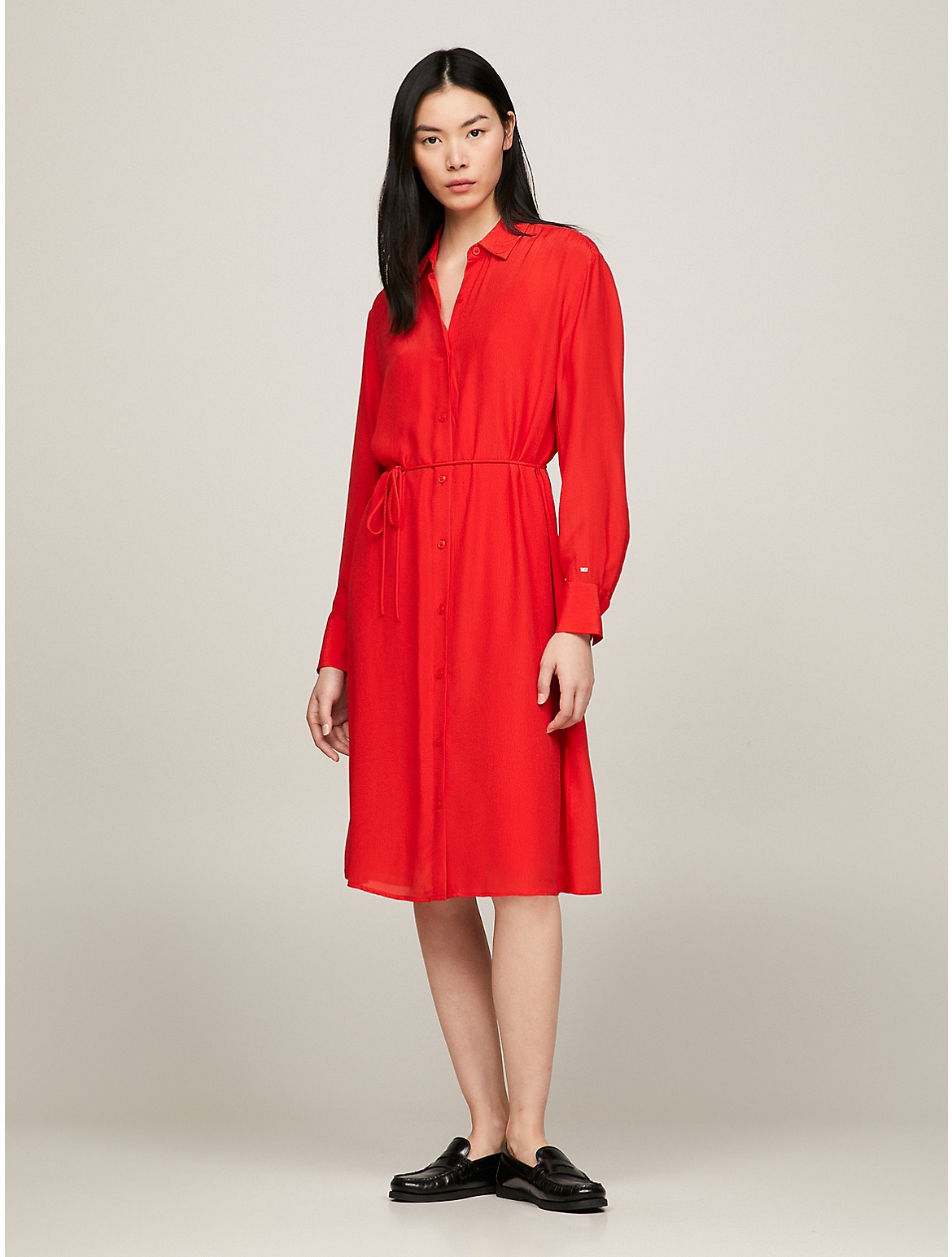 Tommy Hilfiger Belted Crepe Shirtdress In Fierce Red