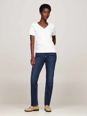 Slim Fit Ribbed V-Neck T-Shirt, Ecru