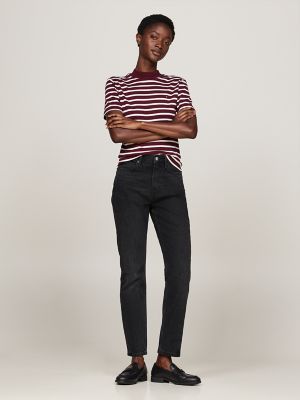 Cropped Mockneck Slim Fit T-Shirt, Breton Stripe Deep Rouge/ Ecru