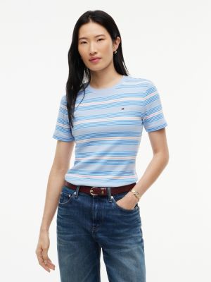 Slim Fit Ribbed Crewneck T-Shirt, Sky Blue Stripe