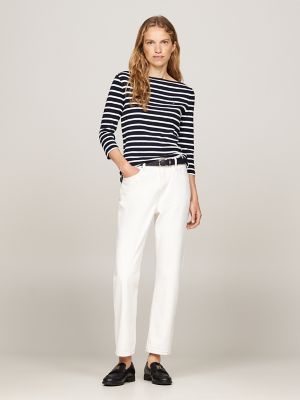 Boatneck 3/4 Sleeve Slim Fit T-Shirt, Breton Navy/ Ecru