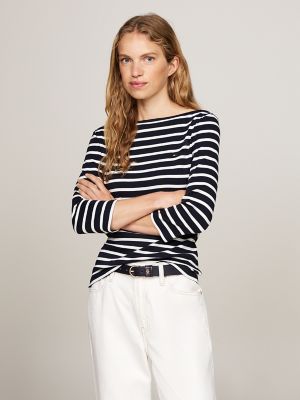 Boatneck 3/4 Sleeve Slim Fit T-Shirt, Breton Navy/ Ecru