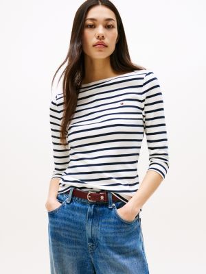 Boatneck 3/4 Sleeve Slim Fit T-Shirt, Breton / Ecru / Dark Night Navy