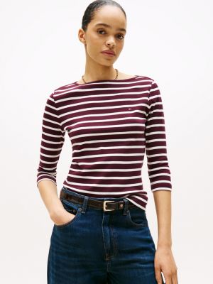 Boatneck 3/4 Sleeve Slim Fit T-Shirt, Deep Burgundy / Ecru Stripe