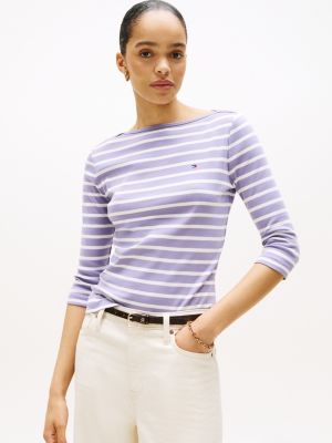 Boatneck 3/4 Sleeve Slim Fit T-Shirt, Purple /Ecru Stripe