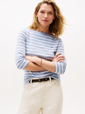 Boatneck 3/4 Sleeve Slim Fit T-Shirt, Brisk Blue / Ecru Stripe
