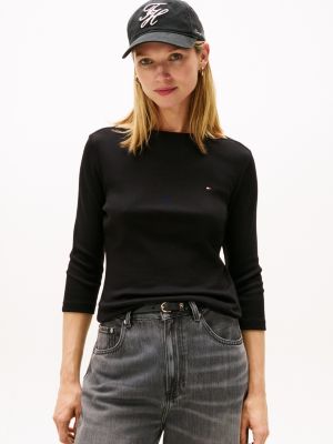 Boatneck 3/4 Sleeve Slim Fit T-Shirt, Black