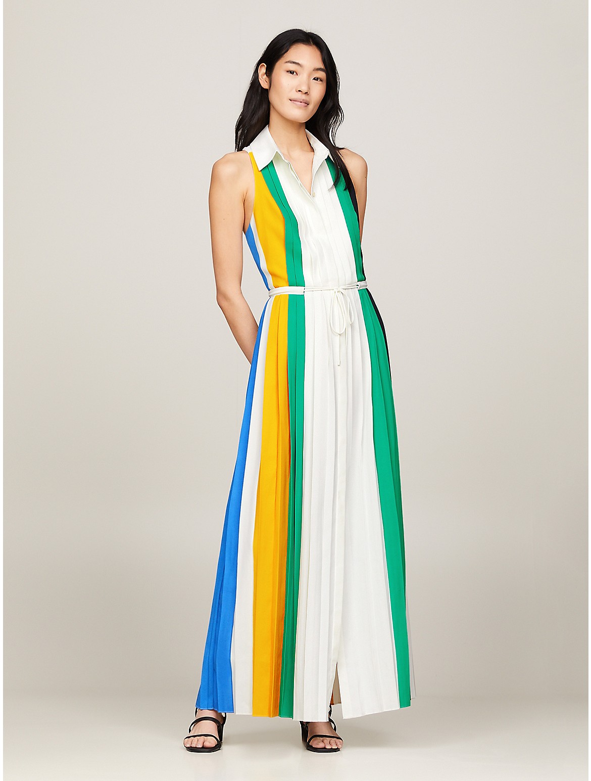 Shop Tommy Hilfiger Pleated Colorblock Maxi Dress In Ecru
