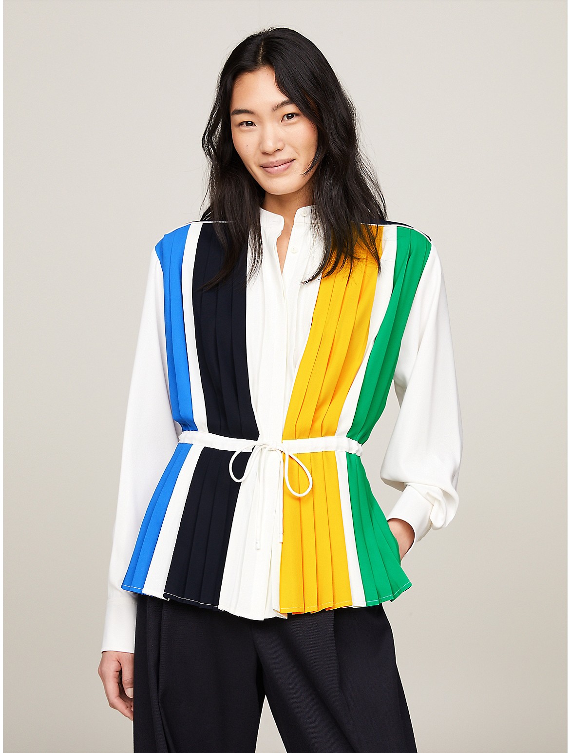 Shop Tommy Hilfiger Pleated Colorblock Shirt In Ecru